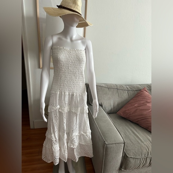 Luxxel White Eyelate Strapless Boho Festival Beach Hippie Summer Smoked Dress  M - Picture 1 of 8